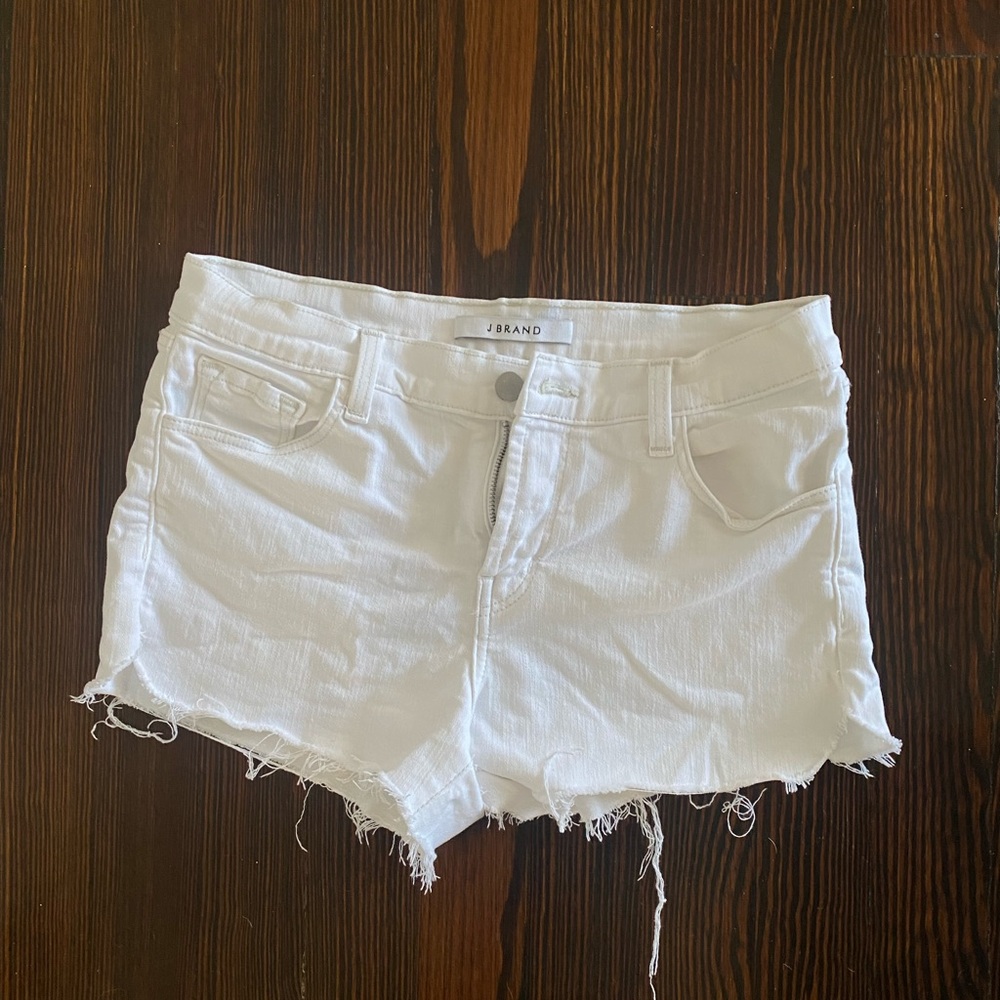 J brand mid rise white denim shorts